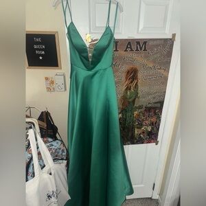 Emerald Satin Spaghetti Strap Dress